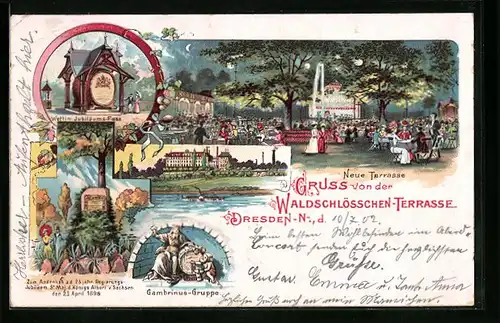 Lithographie Dresden-N., Waldschlösschen-Terrasse, Neue Terrasse, Wettin-Jubiläums-Fass