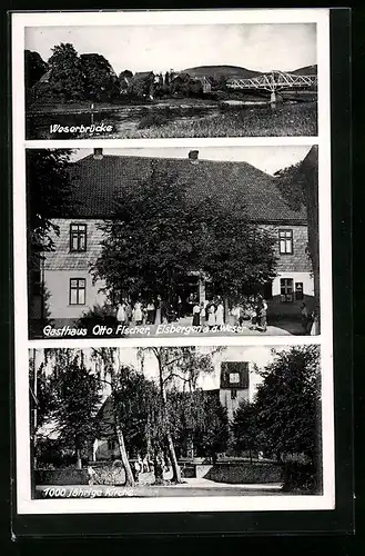 AK Eisbergen /Weser, Gasthaus Otto Fischer, Weserbrücke, Kirche