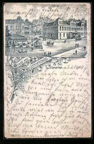 Vorläufer-Lithographie Lippspringe, 1894, Hôtel Wegener mit Strassenpartie