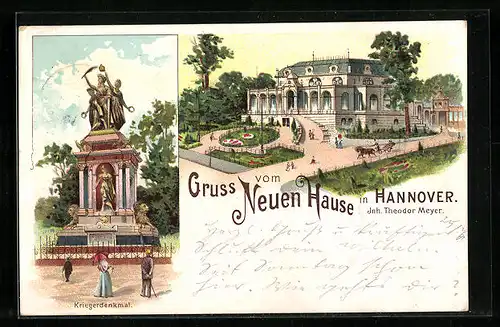 Lithographie Hannover, Neues Haus, Kriegerdenkmal
