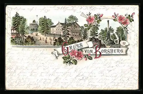 Lithographie Dresden-Rockau, Gasthaus und Aussichtsturm auf dem Berg