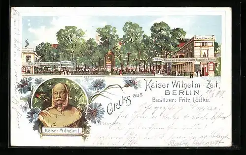 Lithographie Berlin, Gasthaus Kaiser Wilhelm-Zelt, Büste Kaiser Wilhelm I.
