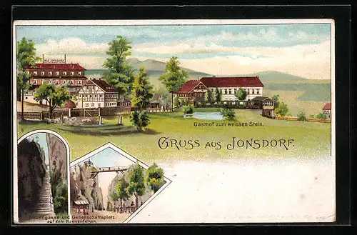 Lithographie Jonsdorf, Gasthof zum weissen Stein und Felsengasse