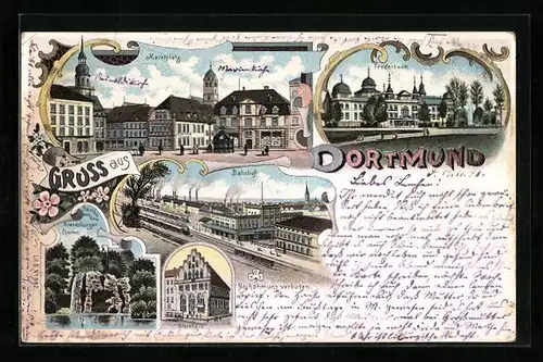 Lithographie Dortmund, Bahnhof, Marktplatz, Gildenhaus