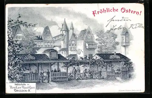 Lithographie Dresden, Gasthaus Imbisshalle im Hirsch am Rauchhaus