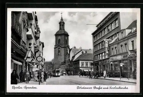 AK Berlin-Spandau, Potsdamer Strasse und Nicolaikirche