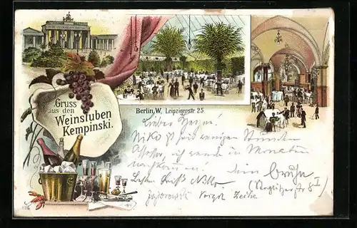 Lithographie Berlin, Gasthaus Weinstuben Kempinski, Leipzigerstr. 25, Innenansichten, Sekt-Stilleben