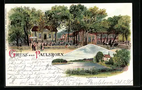 Lithographie Berlin-Grunewald, Gasthaus Paulsborn mit Garten, Jagdschloss Grunewald