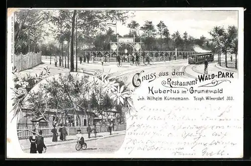 AK Berlin-Grunewald, Gasthaus Wald-Park Hubertus mit Strasse und Strassenbahn