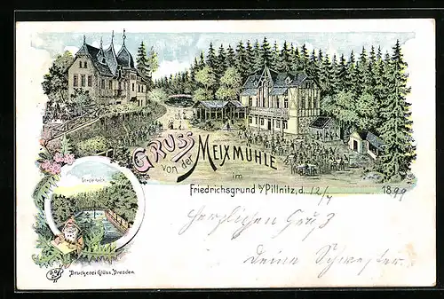 Lithographie Dresden-Pillnitz, Gasthaus Meixmühle aus der Vogelschau, Gondelteich