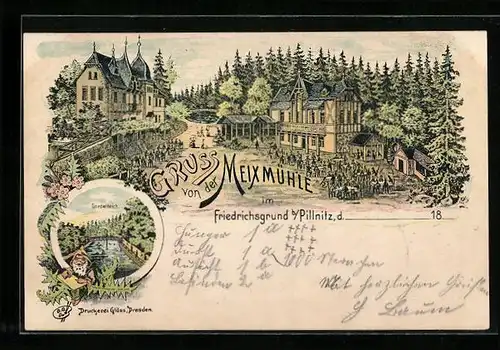 Lithographie Dresden-Pillnitz, Friedrichsgrund, Gasthaus Meixmühle und Gondelteich