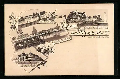 Lithographie Dresden, Hoftheater mit Denkmal, Ortsansicht mit Augustusbrücke
