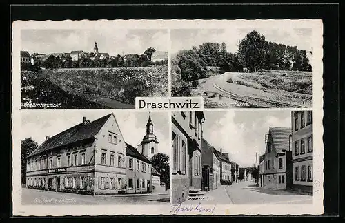 AK Draschwitz, Gesamtansicht, Gasthof zum Hirsch