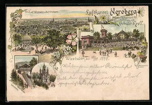 Lithographie Wiesbaden, Ortsansicht vom Aussichtsturm, Hotel-Restaurant Neroberg, Obere Station
