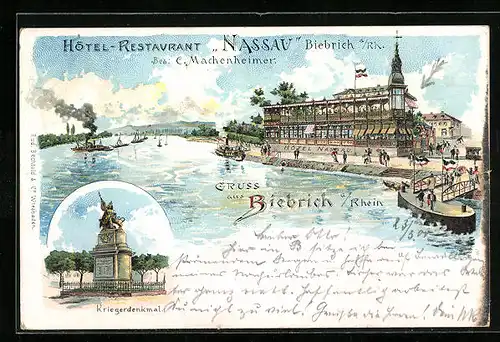 Lithographie Biebrich /Rh., Hotel-Restaurant Nassau mit Rhein, Kriegerdenkmal