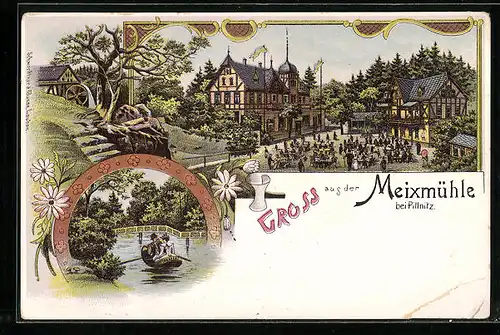 Lithographie Dresden-Pillnitz, Blick auf Gasthaus Meixmühle mit Besuchern, Fluss mit Ruderboot