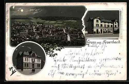 Lithographie Feuerbach, Postamt, Bahnhof