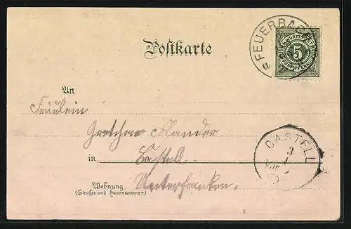 Lithographie Feuerbach, Postamt, Bahnhof