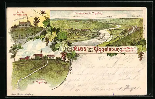 Lithographie Vogelsburg, Panorama von der Vogelsburg mit Nordheim, Köhler, Escherndorf