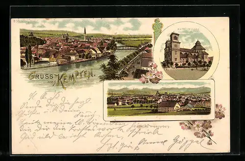 Lithographie Kempten, Blick vom Lorterberg, Kath. Kirche