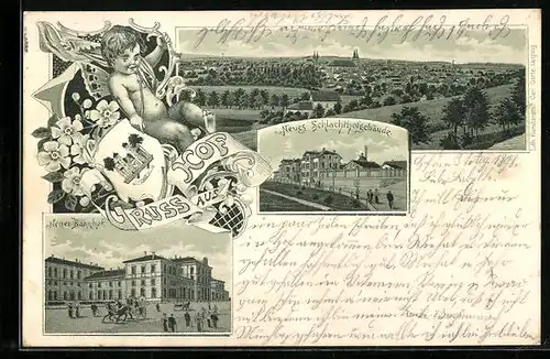Lithographie Hof, Neuer Bahnhof, Neues Schlachthofgebäude