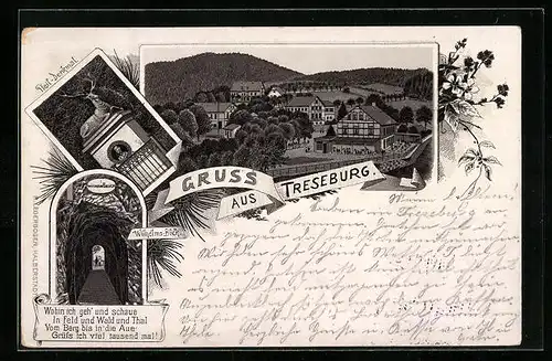 Lithographie Treseburg, Wilhelms-Blick, Pfeil-Denkmal