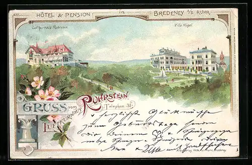 Lithographie Bredeney a. d. Ruhr, Luftkurhaus Ruhrstein, Villa Hügel, Hotel & Pension