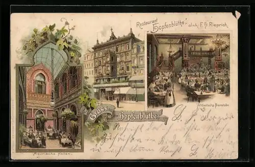 Lithographie Berlin, Restaurant Hopfenblüthe, Maurische Hallen, Unter den Linden 27