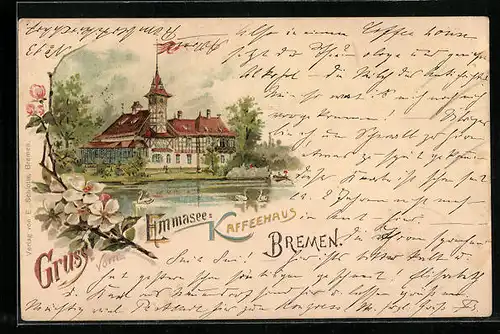 Lithographie Bremen, Emmasee-Kaffeehaus mit Ruderpartie