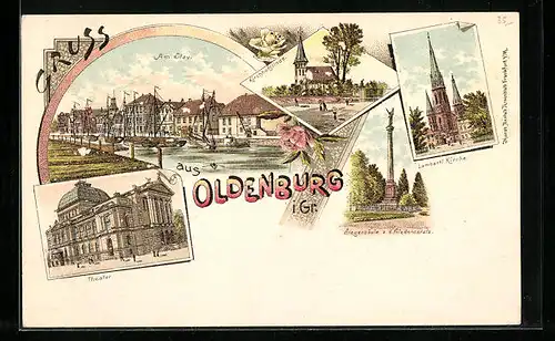 Lithographie Oldenburg i. Gr., Theater, Am Stau, Siegessäule a. d. Friedensplatz