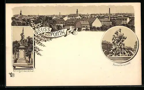 Lithographie Fürth, Ortsansicht, Kriegerdenkmal, Kunstbrunnen