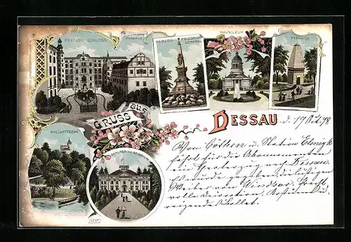 Lithographie Dessau, Herzogl. Schloss, Mausoleum, Schloss im Georgium