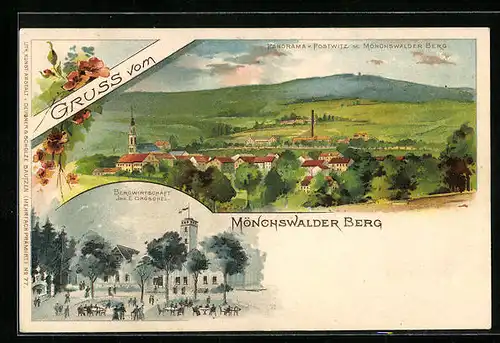 Lithographie Wilthen, Gasthof Mönchswalder Berg und Panorama v. Postwitz