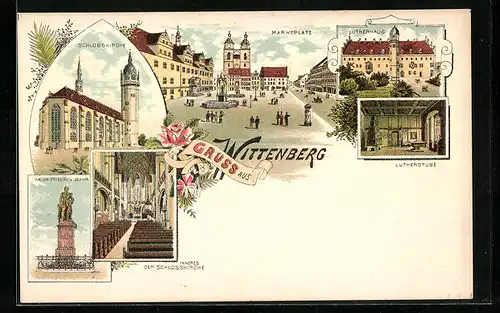 Lithographie Wittenberg, Marktplatz, Lutherhaus, Schlosskirche