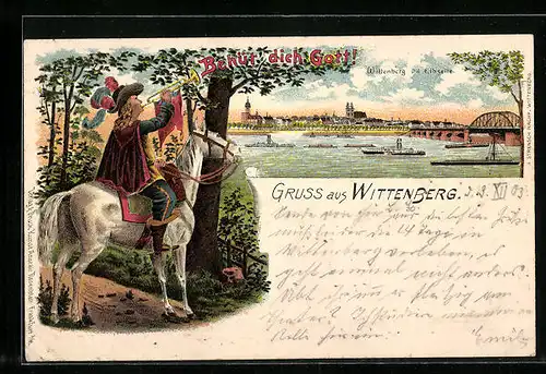 Lithographie Wittenberg, Ortsansicht von der Elbseite und Reiter mit Trompete