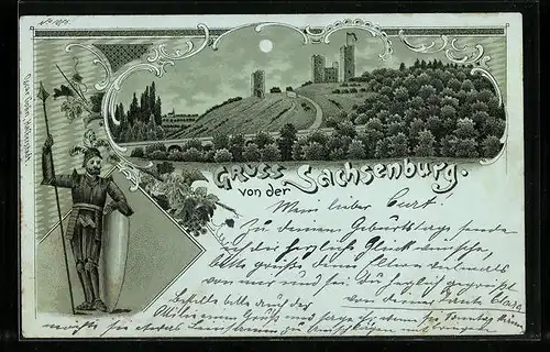 Mondschein-Lithographie Sachsenburg, Blick zur Burgruine, Ritter mit Speer und Schild