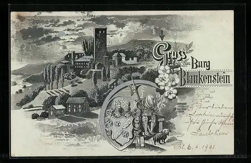 Lithographie Blankenstein, Burgpanorama, Schlafender Ritter mit Hund, Wappen
