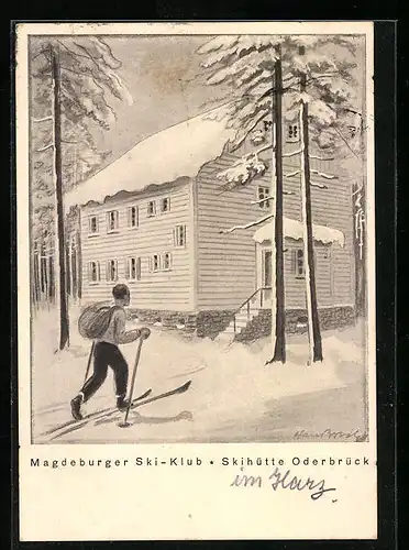 AK Oderbrück, Skihütte des Magdeburger Ski-Klub mit Skifahrer