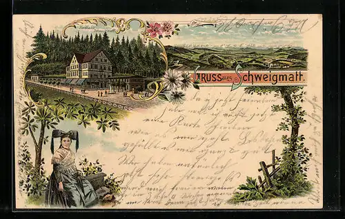 Lithographie Schweigmatt, Ortsansicht, Kurhaus, Frau in Tracht