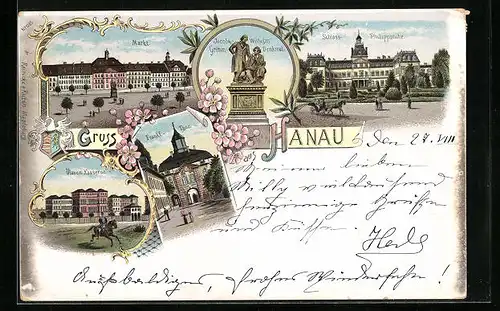 Lithographie Hanau, Ulanen-Kaserne, Schloss Philippsruhe, Markt
