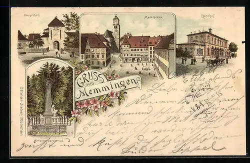 Lithographie Memmingen, Marktplatz mit Bahnhof