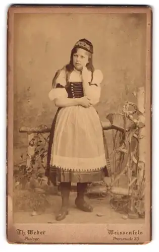 Fotografie Th. Weber, Weissenfels, Promenade 33, junge nachdenkliche Dame in Tracht