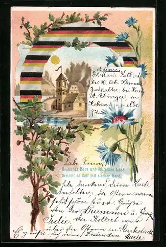 Lithographie Deutsches Haus und deutsches Land ..., Kirche, Eichenlaub