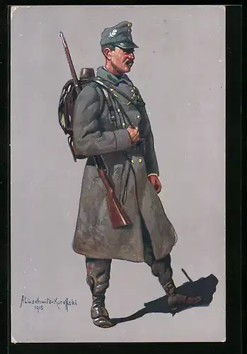 Künstler-AK Österreichische Uniform, Tyroler Kaiserjäger marschiert