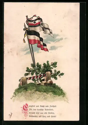 Künstler-AK National- und Reichskriegsflagge, Grenzstein