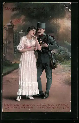 AK Es sei Dir dieser Gruss gesandt Gott schirm Dich mit starker Hand ..., österreichischer Soldat neben seiner Frau