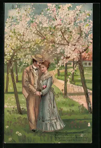 Lithographie Liebespaar unter blühenden Bäumen in einem Park