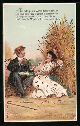 Präge-AK Liebespaar hat sich ein Bett im Kornfeld bereitet