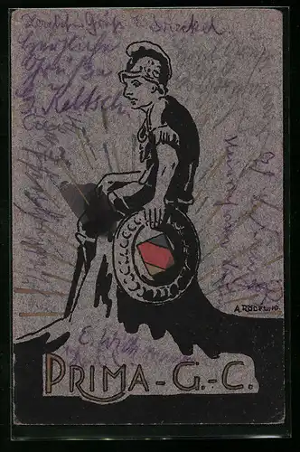Künstler-AK Prima-G.-C., Römer mit Helm und Schild, studentische Szene