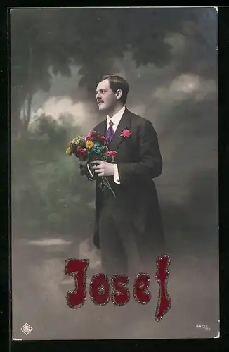 AK Herr mit Blumen zum Namenstag, Josef